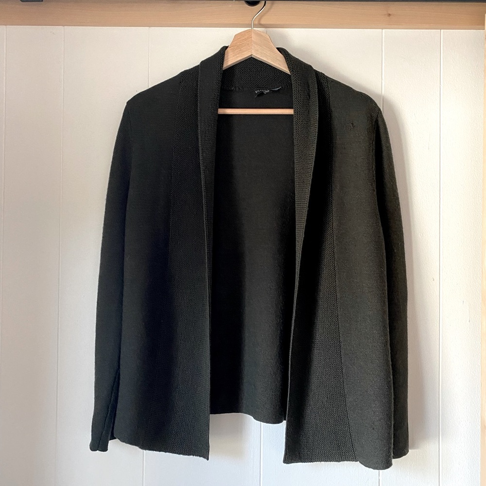 Eileen Fisher Deep Olive Wool Open Cardigan